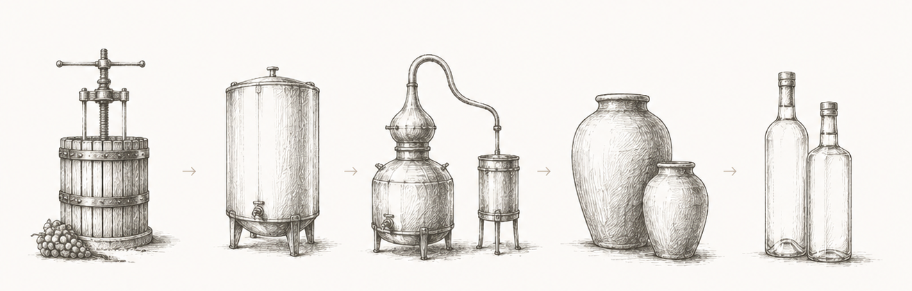 Illustrated pisco-making equipment from grape press to bottle