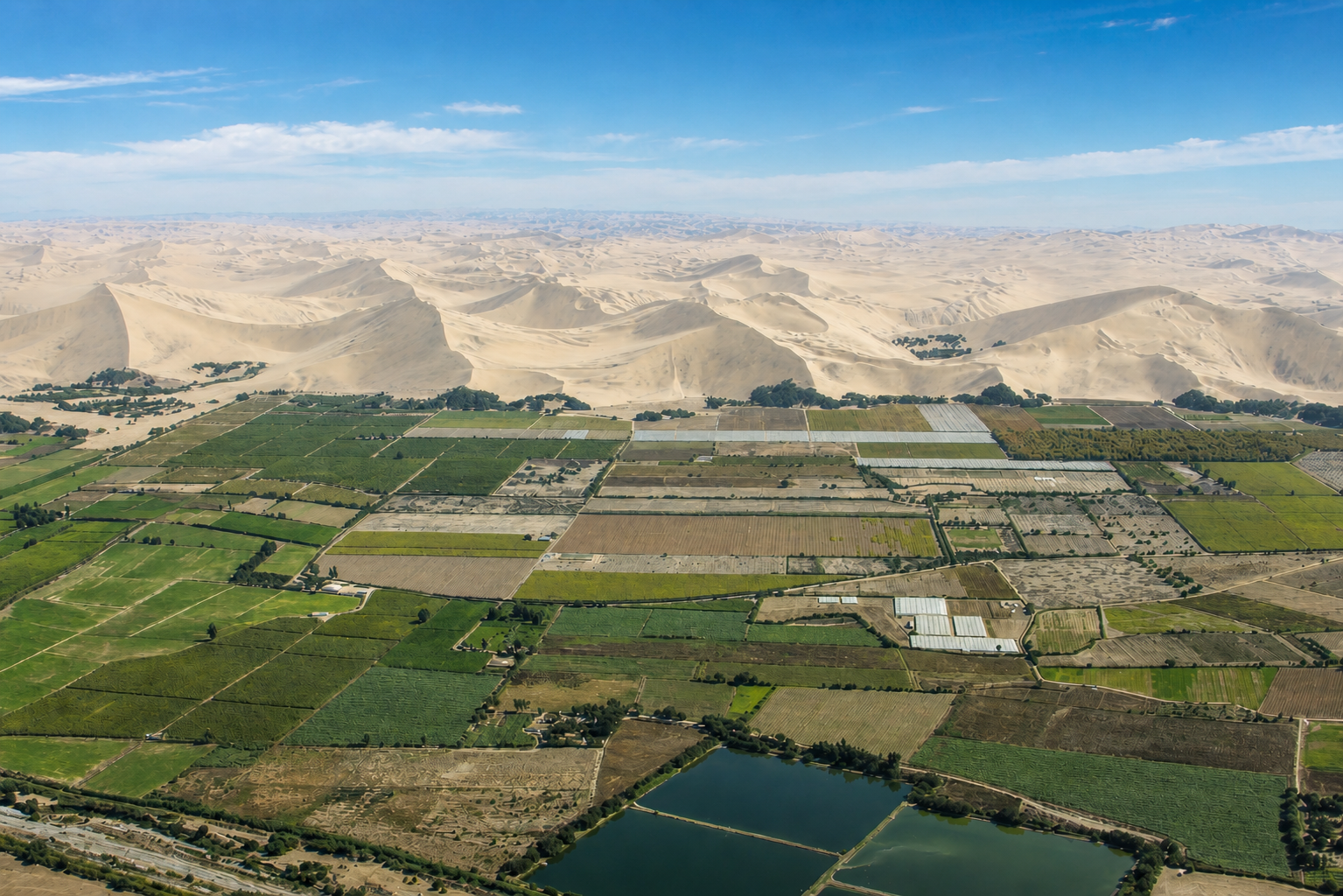 Wide Ica scenery with desert and green agricultural land