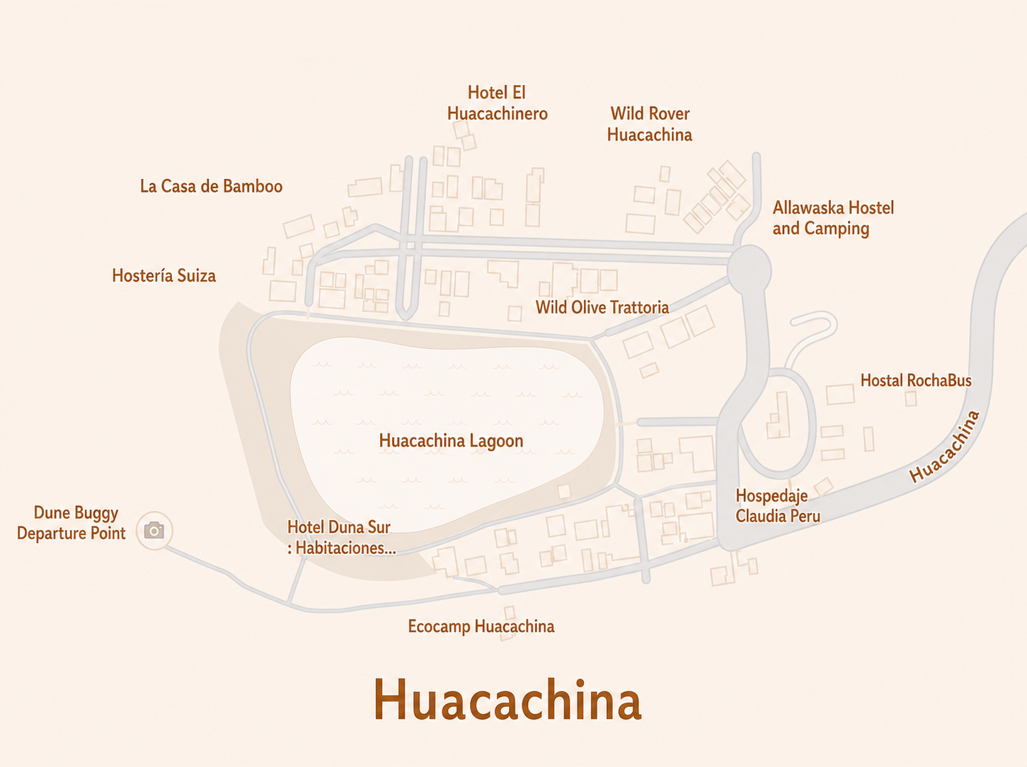 Illustrated map showing Huacachina, Ica and nearby desert landmarks
