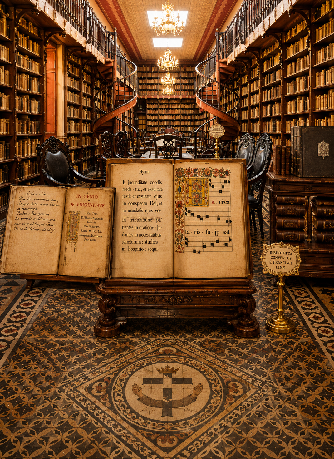 Historic San Francisco library in Lima with manuscripts on display