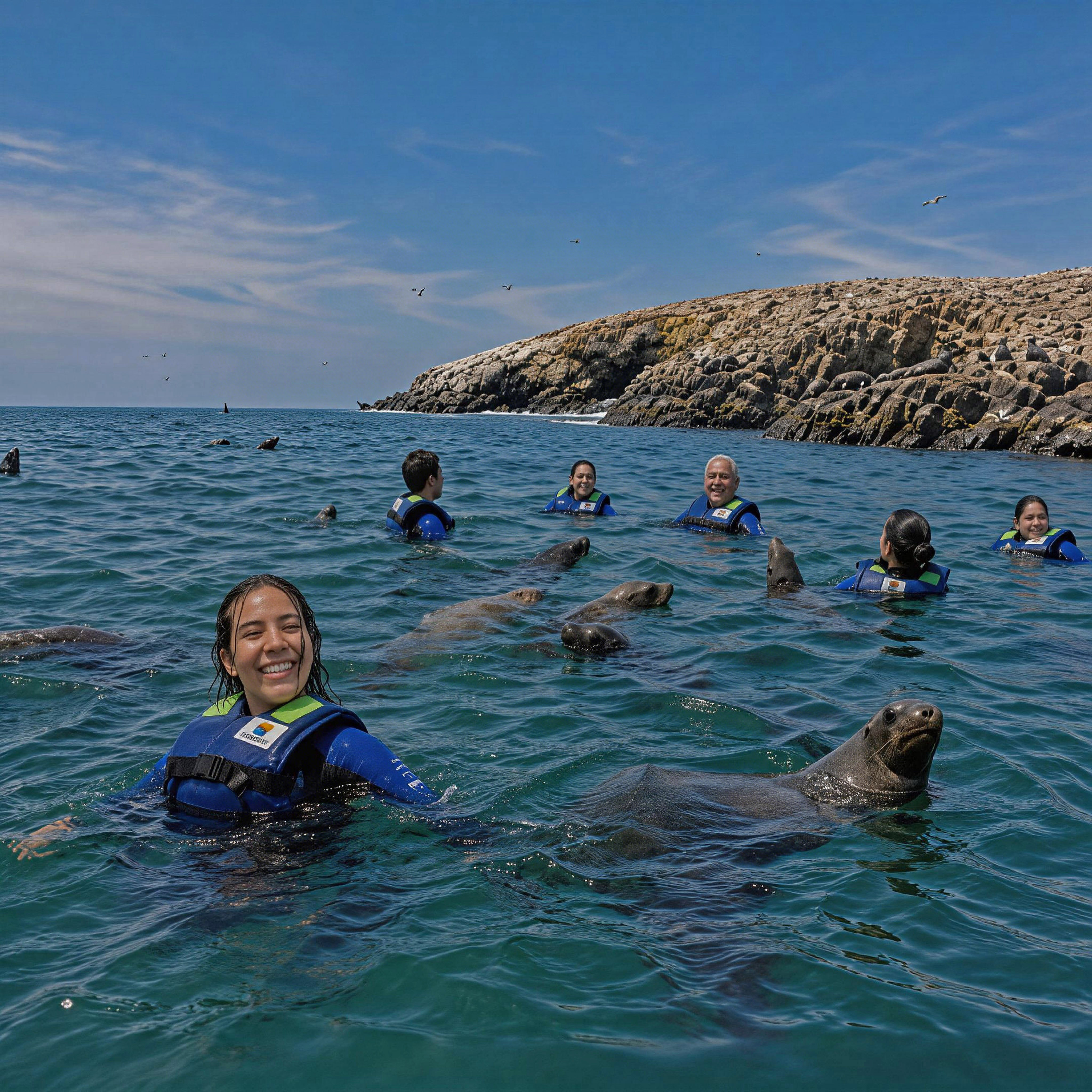 Travelers swimming near sea lions off the coast of Lima