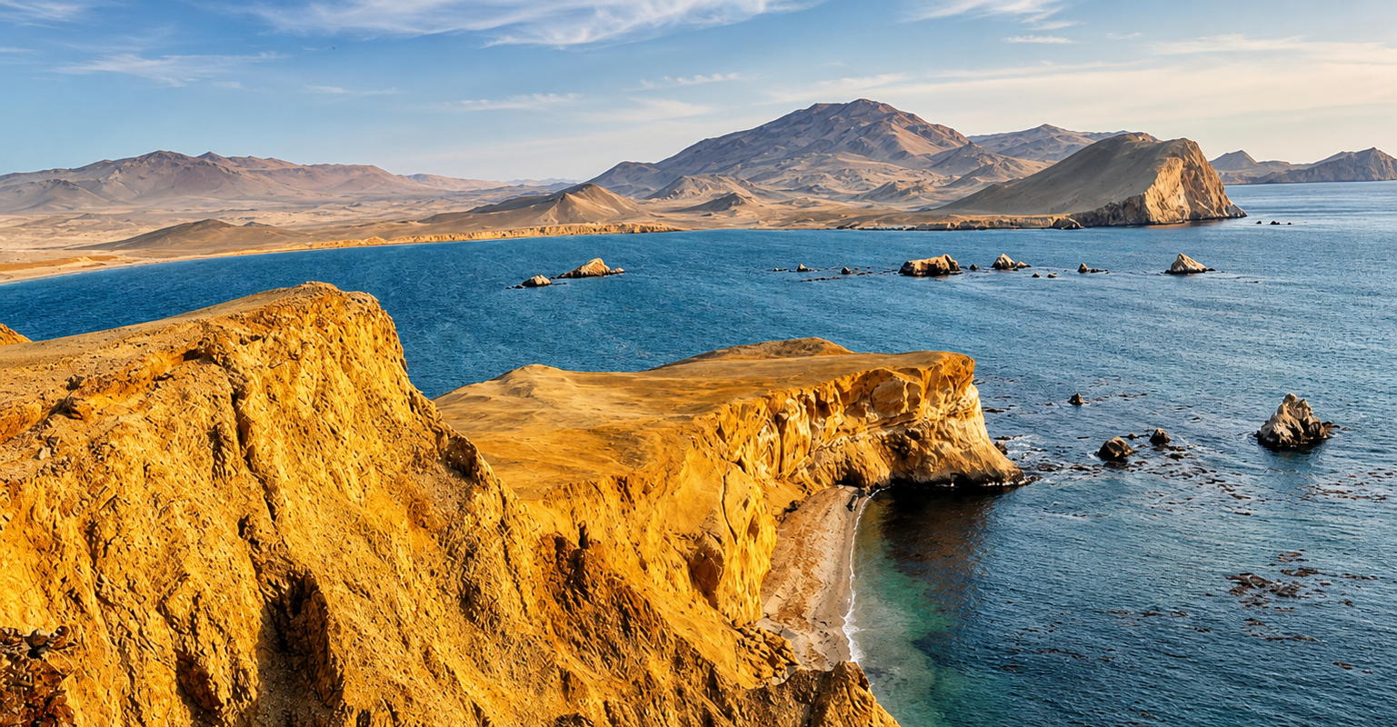 Golden desert cliffs in Paracas at low light