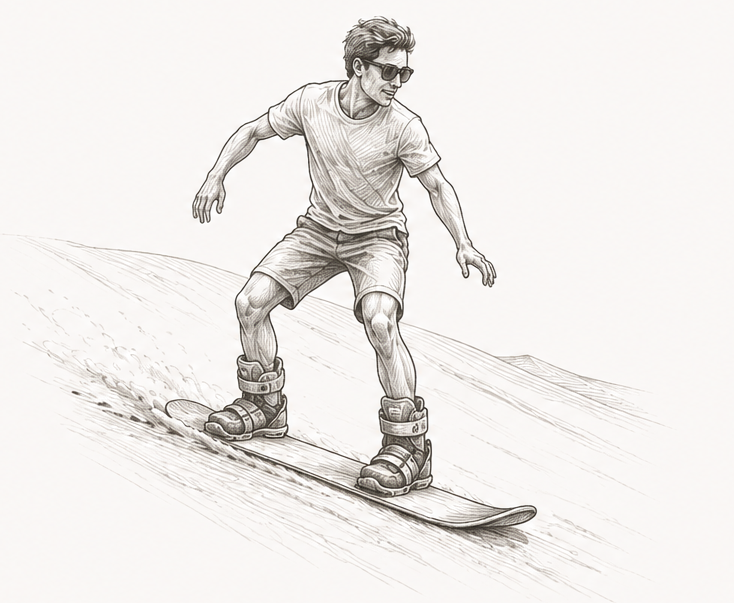 Traveler sandboarding down a dune while standing
