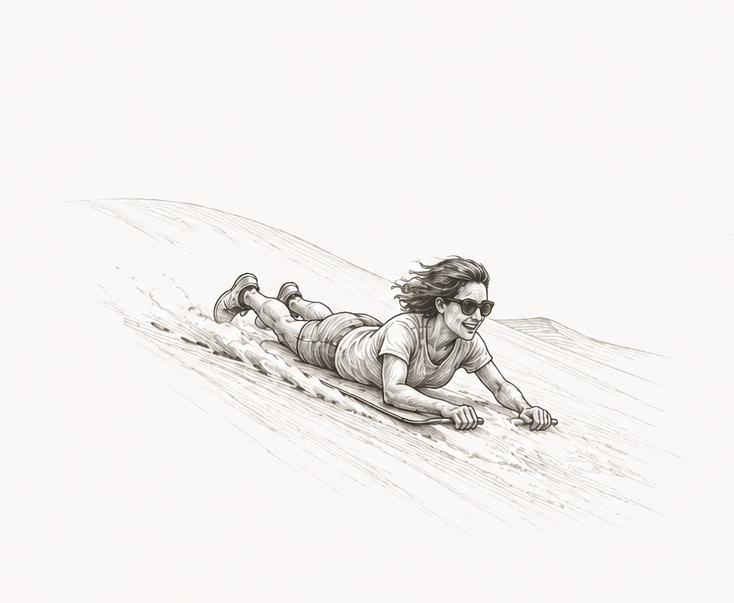 Traveler sandboarding down a dune while lying on their stomach